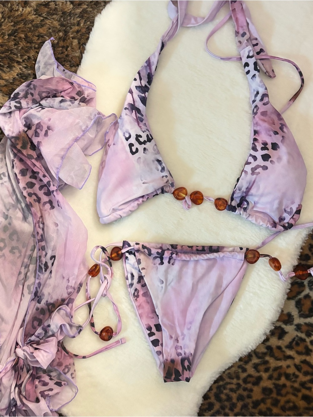 Women’s Lavender Animal-Print Bikini Set with Bead Accents